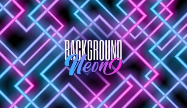 80 'ler tarzında parlak neon çizgiler. Parlak çizgiler, ışınlar, neon ışıklar, soyut arkaplan, kareler, pembe mavi tayf parlak renkler, lazer gösterisi