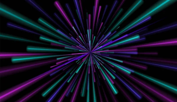 Lichtstrahlen Neon Explosion Radiale Linien Hintergrund Kreisförmiger Geometrischer Raum — Stockvektor