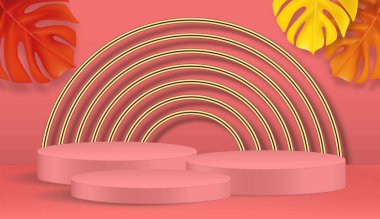 Geometrik şekilli en küçük sahne. Pembe arka planda silindir podyumlar. Sonbahar tropik palmiye yaprakları. Kozmetik ürünleri, vitrinler, vitrinler, vitrinler. 3d vektör illüstrasyonu.