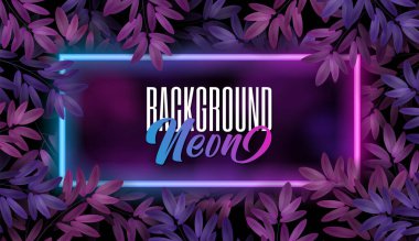 Siyah arkaplanda ağaç yaprakları ve neon çerçeveli vektör pankartı. Botanik Tasarım elemanı reklamı, imza, poster, afiş.