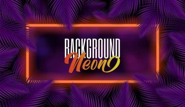 Tropik yaprak arka planı. Gerçekçi Palm Branch. Yapraklar ve hurma dalları. Turuncu ve mor yapraklar, tropik yapraklar. Neon çerçeve. Metin için boş boşluk