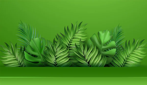 Полка Подиум Украшенный Тропическими Пальмовыми Листьями Зеленом Фоне Иллюстрация Вециора — стоковый вектор