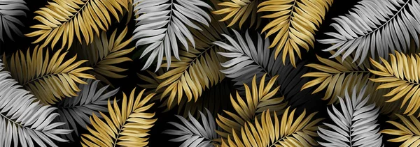 Lyx Guld Och Silver Löv Bakgrund Vektor Tropisk Mönsterdesign För Royaltyfria illustrationer
