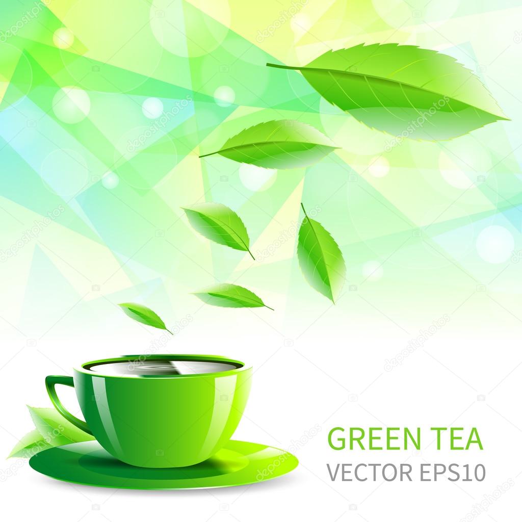 vector illustration cup tea falling leaves