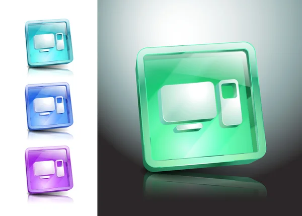 Iconos de vidrio conjunto de ordenadores verdes monitor — Vector de stock