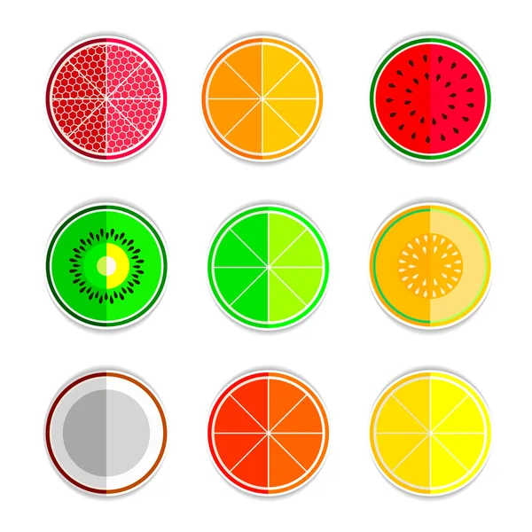 Készlet ikonok-narancs-mandarin citrom görögdinnye sárgadinnye kiwi mész kókusz grapefruit — Stock Vector