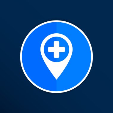  Harita işaretçi simgesi ile çapraz, hastane, ilk yardım işareti