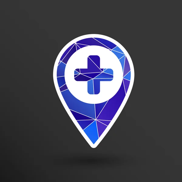 Icono de puntero de mapa con cruz, hospital, señal de primeros auxilios — Vector de stock