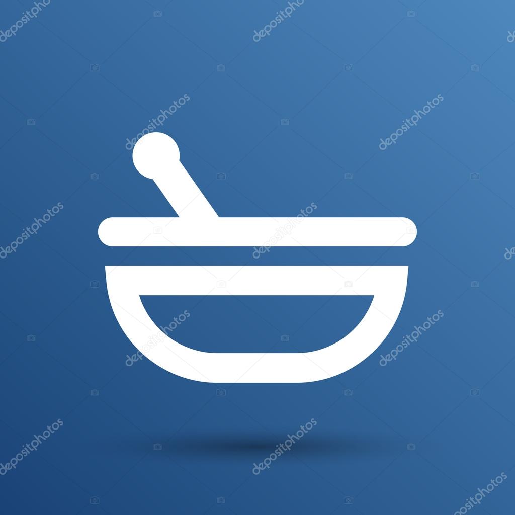 Mortar and pestle with blue tablets icon