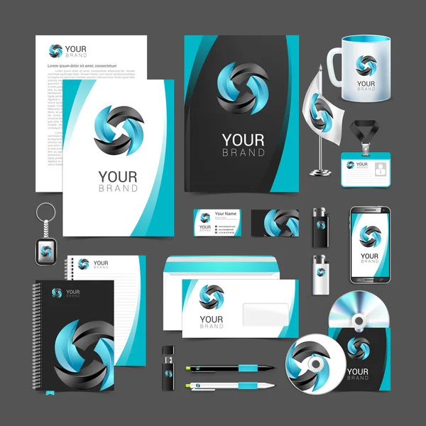 Stationery design set black turquoise corporate identity — Stock Vector