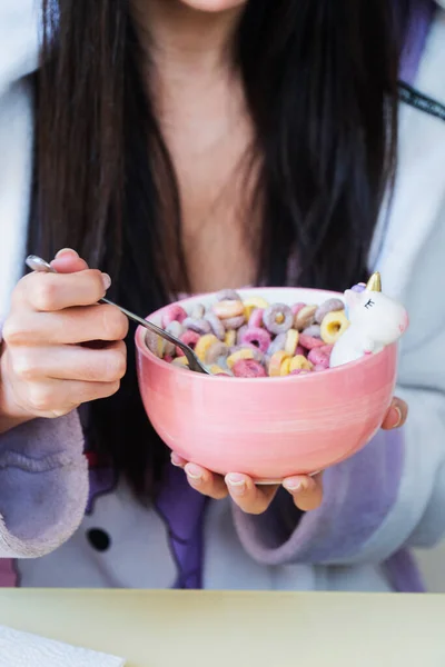 Young Woman Unicorn Coat Eating Some Color Cereals Orange Juice — Stock Photo, Image