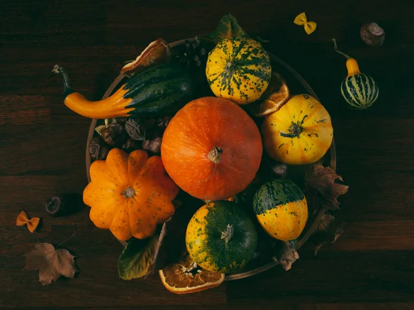 Autumn Still Life Pumpkins Squashes Leaves Chestnuts Rustic Table Top — Stock Photo, Image
