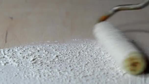 Біла гранульована штукатурка наноситься валиковою фанерою — стокове відео