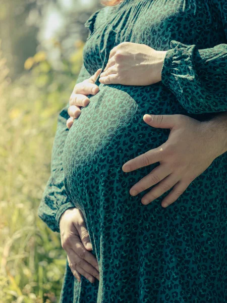 Hamile bir kadın ellerini karnına koyar.. — Stok fotoğraf