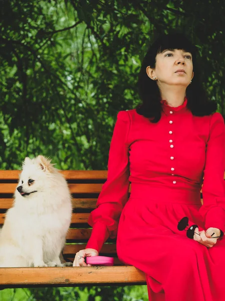 Eine Frau im roten Kleid und ein weißer Pommer sitzen auf einer Parkbank. — Stockfoto