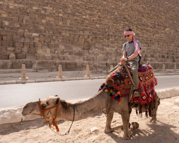 Bir turist devenin üstünde Giza 'daki piramitlerin arka planında poz veriyor.