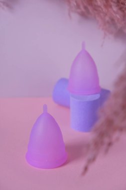 Adet bardağı. Kadınların sağlığı. Regl dönemi. Açık pembe bir arka planda iki adet bardağı ve kuru çiçekler. Hijyen ürünü. Sıfır atık