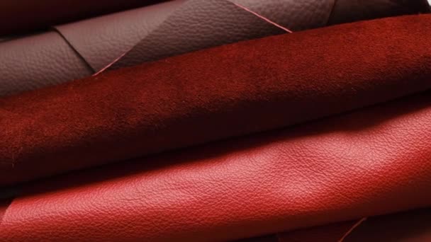 Rolos de borgonha e superfície de couro vermelho.pele em tons vermelhos. — Vídeo de Stock
