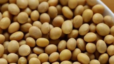 Yuvarlak beyaz seramik bardakta soya fasulyesi. Dönüşüm. Sebze protein kaynağı. Fasulye Arkaplanı.