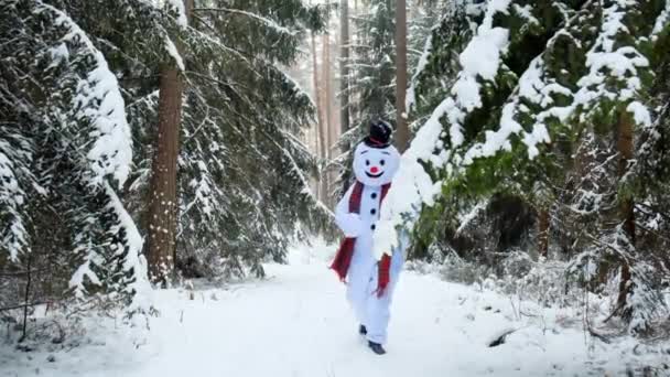 Muñeco de nieve corre y se divierte en el bosque de invierno nevado. Muñeco de nieve alegre. Movimiento lento — Vídeo de stock