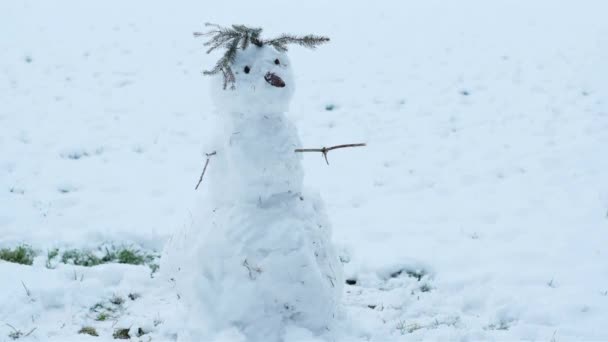 Sněhulák. Snow sochy. Udělat sněhuláka. Zimní zábava a hry. Zimní symbol.Vánoce a Nový rok slavnostní. — Stock video