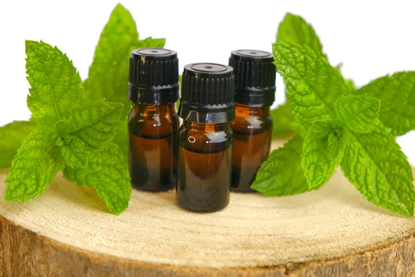 Peppermint essential oil isolated on white background.Glass bottles and sprigs of mint on a wooden saw cut .Organic pure peppermint oil.Natural bio cosmetics and aromatherapy — Stock Photo, Image