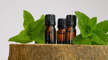 Nane şekeri esanslı yağ. Cam kahverengi şişeler ve tahta testereyle kesilmiş nane şekerleri. Organik saf nane yağı. Doğal biyokozmetik ve aromaterapi.