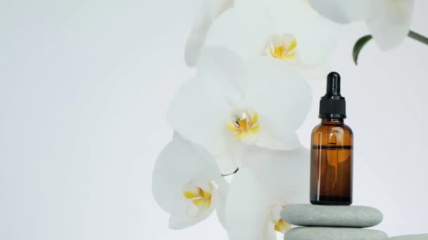 Spa y aromaterapia. Aceite de masaje y piedras de masaje. Flores de orquídea blanca, piedras grises de masaje y aceite de masaje sobre fondo blanco. concepto de belleza y relajación — Vídeos de Stock