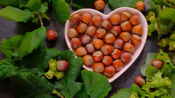 Cosecha de avellanas. Nuez en un plato de corazón rosa y nueces verdes con hojas — Vídeos de Stock