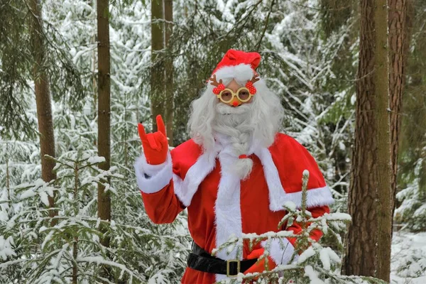 Счастливого Рождества. Санта-Клаус в очках в снежном зимнем лесу. Рождество и Новый год — стоковое фото