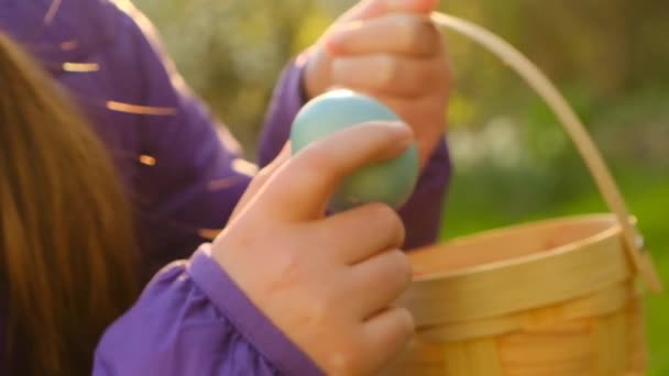 Chasse aux œufs de Pâques.Enfant recueille des œufs de Pâques et met dans un panier dans le jardin de printemps.Tradition de vacances de Pâques. — Video