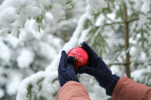 Merry Christmas.Red Christmas fornamented ball with the inscription Merry Christmas in a childs hand in forest. 성탄절 과 새해, 겨울 휴일. — 스톡 사진