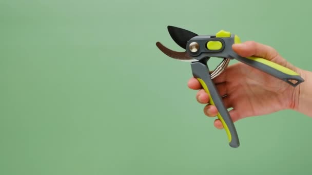 Garden shears on a green background.Gardening Tools. Garden Plants Pruning Tool. — Stock Video