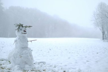Karlı bir kış ormanında kardan adam. Kış sembolü. Noel ve Yeni Yıl şenliği. Kış oyunları 