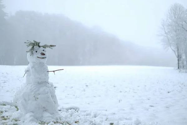 雪人在雪地的冬季森林里.冬天的象征，圣诞节和新年。冬季运动会 — 图库照片