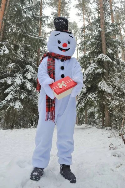 Hóember és karácsonyi ajándékok. Boldog karácsonyt! Hóember egy ajándék doboz egy havas erdőben.Ajándékok karácsonyra és szilveszterre. Téli ünnepek szimbóluma — Stock Fotó