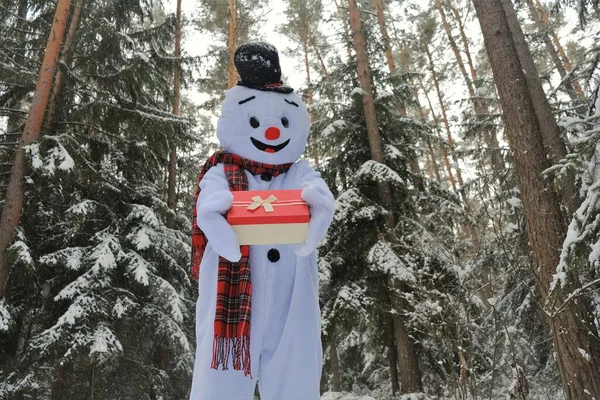 Kardan adam ve Noel hediyeleri. Mutlu noeller. Karlı bir kış ormanında hediye kutulu bir kardan adam. Noel ve yeni yıl hediyeleri.. — Stok fotoğraf