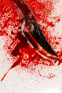 Bıçaklı kanlı duvar kağıdı. Suç mahalli. Cadılar Bayramı duvar kağıdı. Bıçak kan izleri ve sıçramalarla kaplı. Bıçağın üstüne kan damlaları düşüyor. Suç mahalli ve cinayet konsepti..