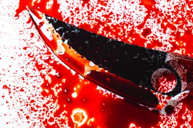 Cadılar Bayramı duvar kağıdı. Keskin bıçak kan izleri ve sıçramalarla kaplı. Bıçağın üzerine kan damlaları düşüyor. Suç mahalli ve cinayet kavramı..