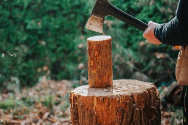 Güneşli havada odun kesen bir adam. Balta ile odunları kıran bir adam. Isınma mevsimi için odun hazırlıyor. 