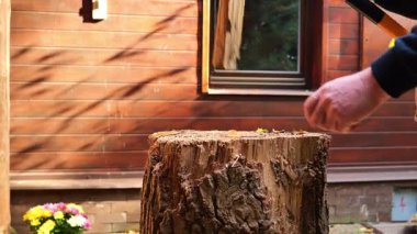 Odunları kesme işlemi. Ahşap bir evin arka planına karşı baltayla odun kırmak. Isıtma mevsimi. 4k görüntü