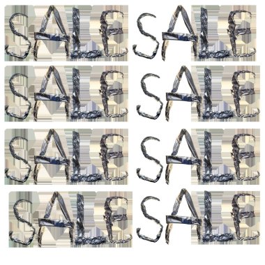 Siyah arkaplanda alüminyum folyo harflerden yapılmış satılık sözcük şablonu. Siyah Arkaplan 'da Satış Metninin Modeli