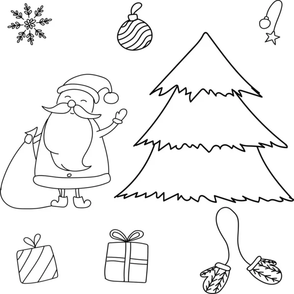 Scarabocchio disegnato a mano vettoriale. Set di Capodanno con Babbo Natale, albero di Natale, guanti, regali, fiocco di neve, palle — Vettoriale Stock