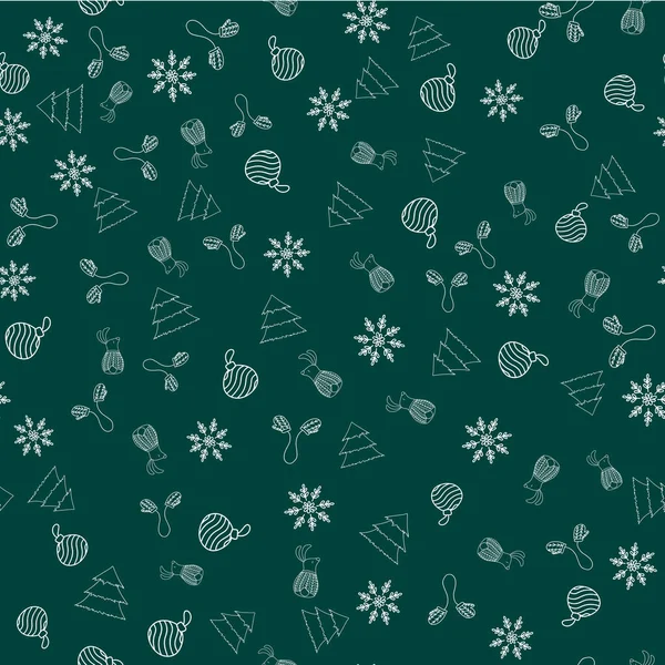 New Year seamless vector pattern with mittens, Christmas ornament, snowflake, rabbit, tree on green background — Stock Vector