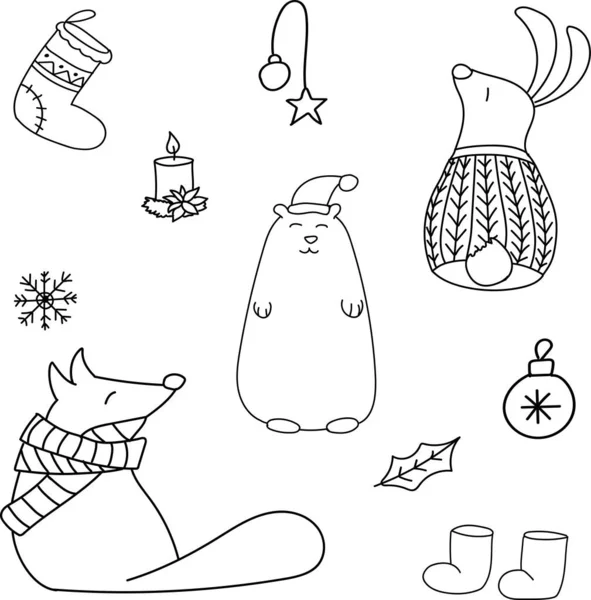 Vector hand drawn doodle. New Year set with forest animals, bear, rabbit, fox, boots, Christmas sock, candle, snowflake, balls — Stock Vector