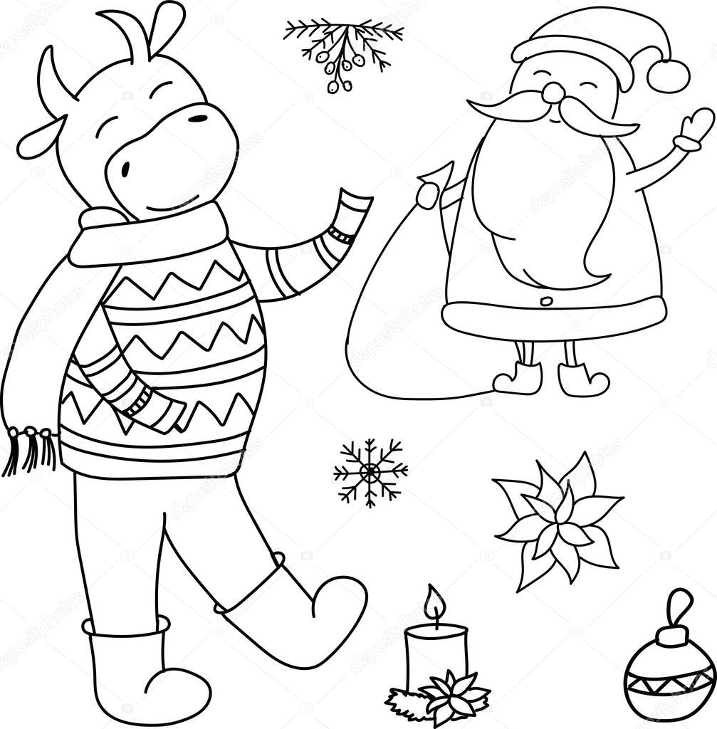 Vector hand drawn doodle. New Year set with Santa Clause, bull, candle, snowflake, ball, christmas ornament, poinsettia, mistletoe