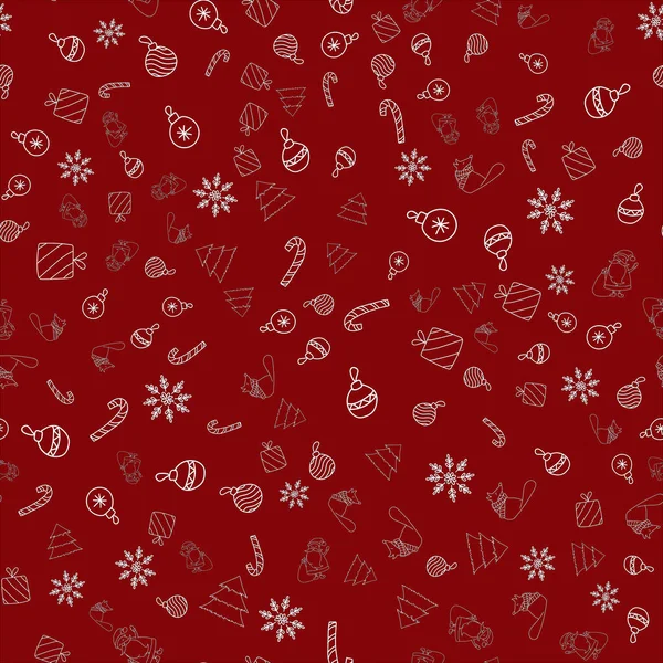 Neues Jahr nahtloses Vektormuster mit Weihnachtsschmuck, Weihnachtsmann, Schneeflocke, Zuckerrohr, Fuchs im Schal, Baum, Geschenke auf rotem Hintergrund — Stockvektor