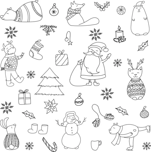 Vector hand drawn doodle. New Year set with forest animals and bull — Stock Vector