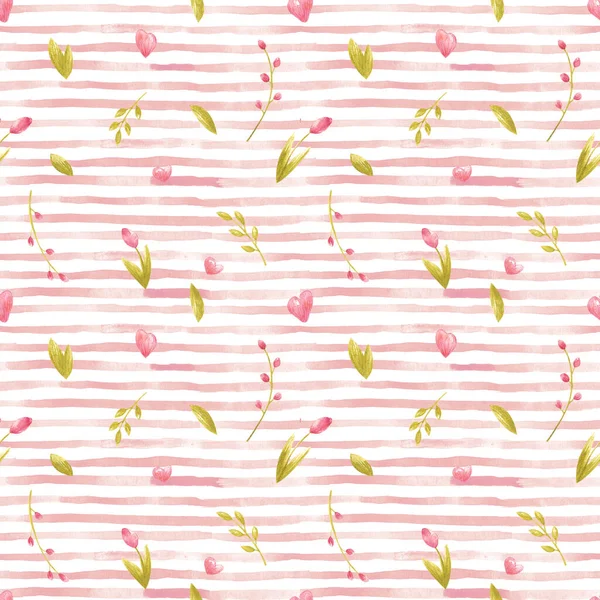 A watercolor stripe rose seamless pattern with hearts, flowers, leaves, branches, tulips. — Stock Photo, Image
