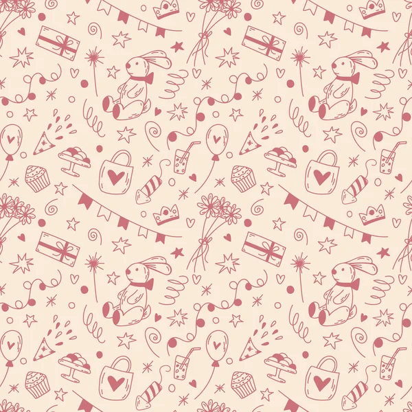 Doodle birthday seamless pattern in pink and champagne. Cute cartoon vector background for St. Valentines — Stock Vector